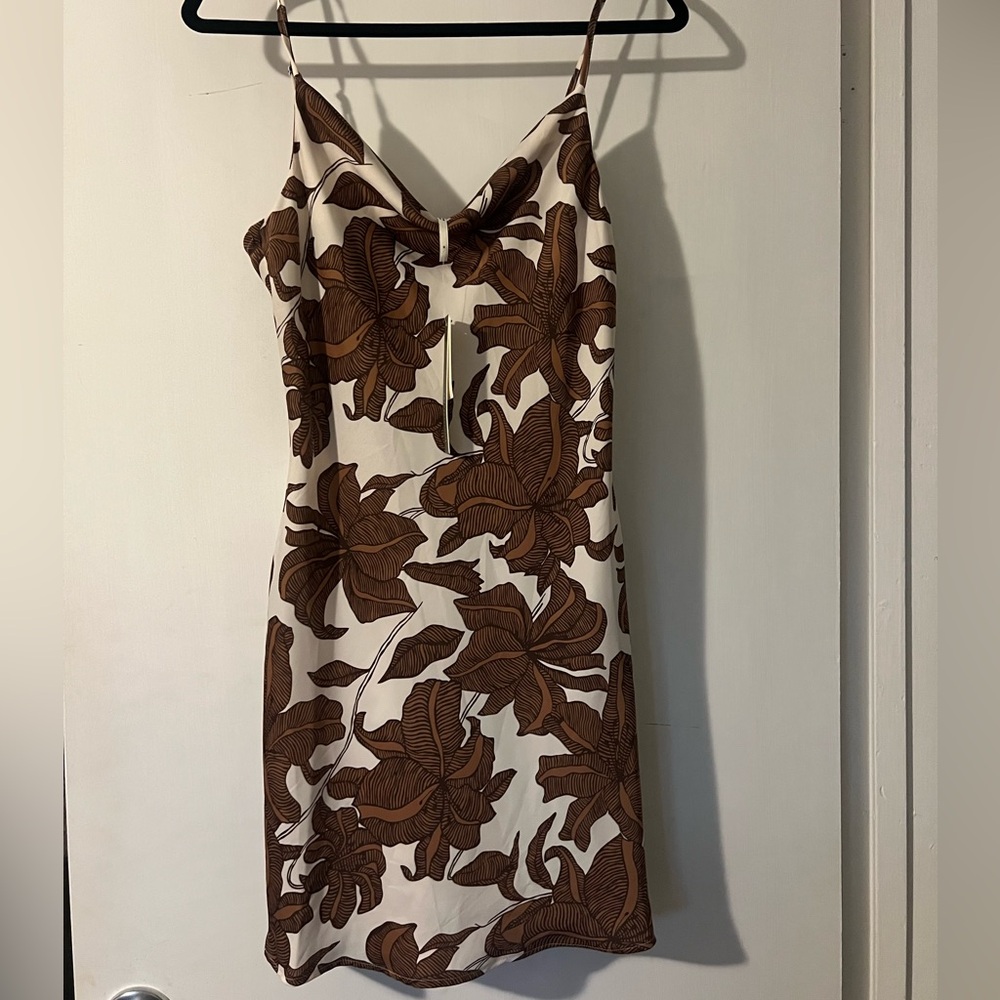 Anthropologie Cream and Brown Floral Cowl-Neck Slip Dress